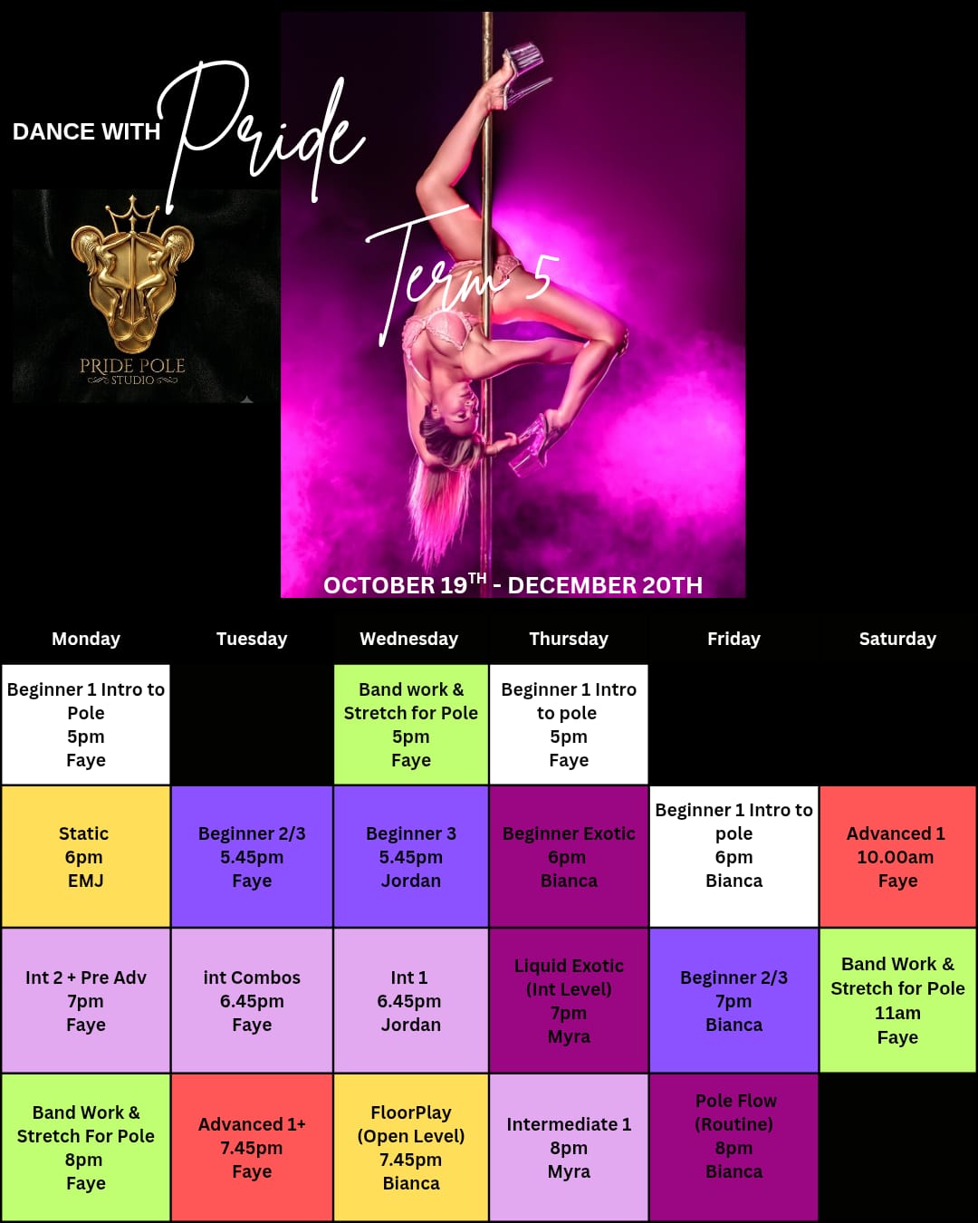 Pride Pole Studio - Term 5 Timetable (October 19th - December 20th)